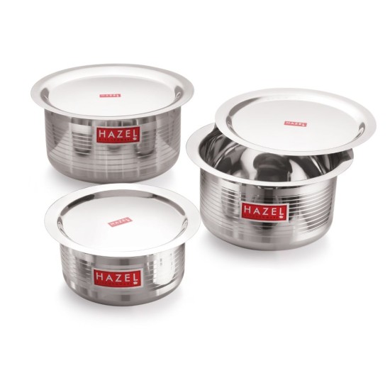 HAZEL Utensils Set for Kitchen I Steel Tope Set with Lid & Flat Bottom, Set of 3, 2100 ml, 1700 ml & 1200 ml I Designer Boiling Vessels, Multipurpose Steel Bhagona