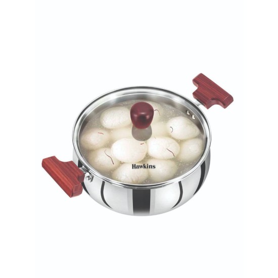 Hawkins 3 Litre Cook n Serve Handi, Triply Stainless Steel Handi with Glass Lid, Induction Sauce Pan, Biryani Handi, Saucepan, Silver (SSH30G)