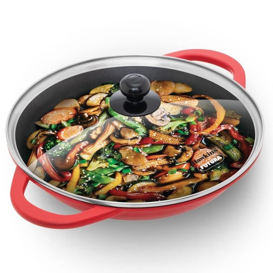 Hawkins 3 Litre Shallow Kadhai, Die Cast Non Stick Frying Pan with Glass Lid, Ceramic Coated Pan, Induction Shallow Frying Pan, Frying Pan, Red (IDCSK3G)