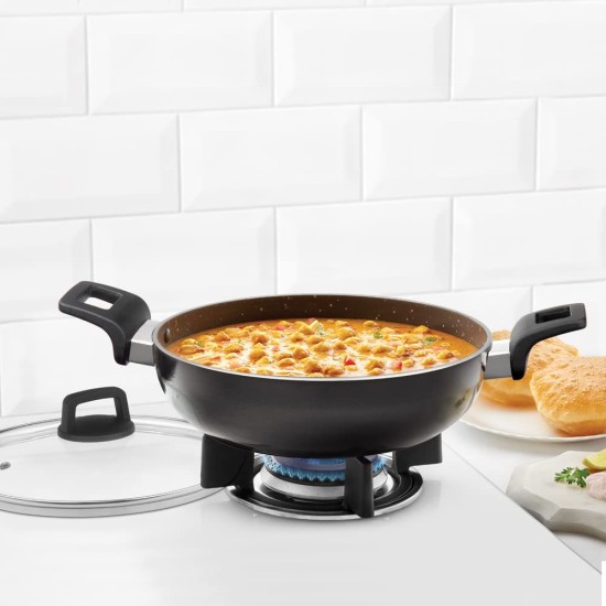 Borosil Granito Non-stick Kadhai With Glass Lid, Induction Friendly, Granite Finish, PFOA-free, 20 cm Diameter