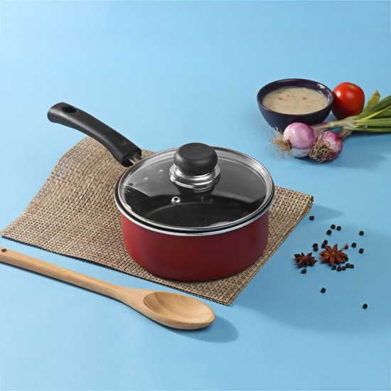 Vinod Aluminium Zest Inducto Non Stick Sauce Pan with Glass Lid - 16cm, 1.6 Litre, 3 mm/Triple Layer, Bakelite Handle, Toxin Free/Induction and Gas Base - Red (2 Year Warranty)