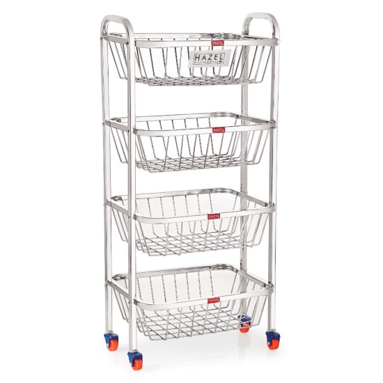 HAZEL Stainless Steel Fruit Baskets | 32.8 Inches Height Fruit and Vegetable Trolly basket 4 Layer | Stand for Kitchen Rack | Multipurpose Fruit Basket Steel Trolley with Wheels