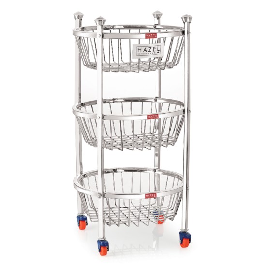 HAZEL Stainless Steel Fruit Vegetable Basket Kitchen Storage Trolley Rack Round Stand with Wheel, 3 Layer, 14.2 x 24.4 Inches