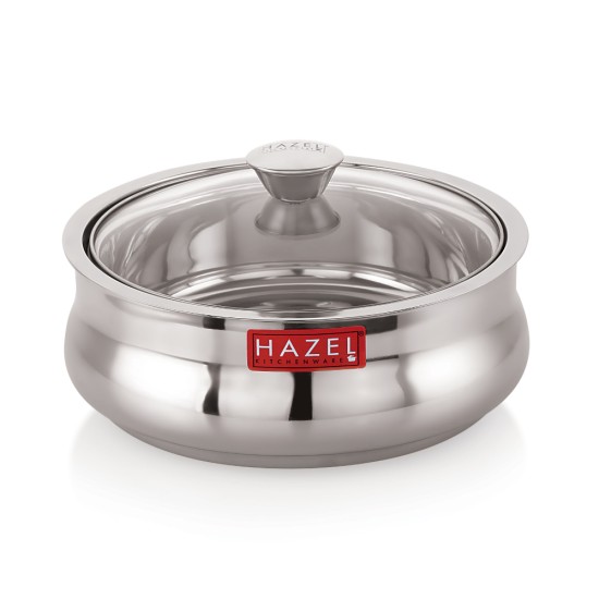 HAZEL Stainless Steel Casserole for Roti With Glass Lid | Chapati Casserole with Transparent Lid | Steel Roti Dabba for Serving | Hotcase for food serving, 1250 ML, Silver