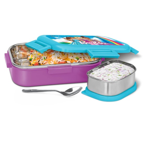 MILTON Flatmate Barbie Inner Stainless Steel Tiffin Box, 700 ml, with Inner Stainless Steel Container, 200 ml and Spoon, Purple