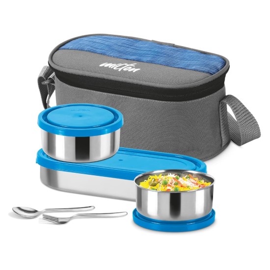 MILTON Master Stainless Steel Lunch Box (Oval Container, 450ml; 2 Leak Proof Round Container, 280 ml; Spoon & Fork) with Insulated Jacket, Blue