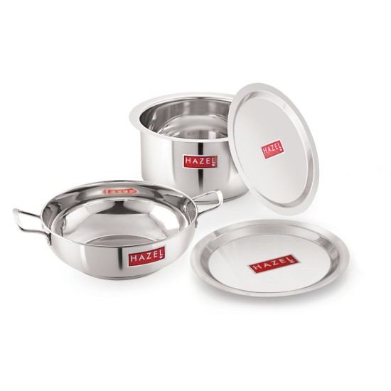HAZEL Induction Base Cookware Set | Stainless Steel Induction Bottom Cookware Bartan Combo For Cooking (Kadhai, Tope, 2 Steel Lid Cover) 4 Pieces, 4600, 3900 ml, Silver