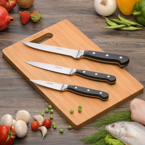 Godrej Cartini Bamboo Chopping Board large + Kitchen Knife + Vegitable Knife + Paring Knife Professional,SS 420 and Bamboo,Black and Brown