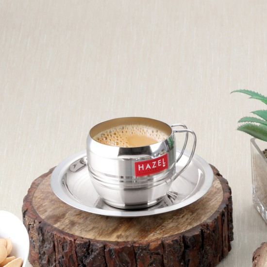 HAZEL Stainless Steel Cup Set Of 1 With Saucer Latest Design | Steel Unbreakable Cups For Tea Chai Coffee Cups Mugs With Saucer (1 Cups, 1 Saucers) Capacity 170ml Each, Silver