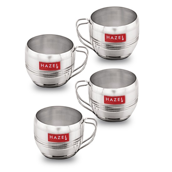 HAZEL Stainless Steel Tea Cup | Steel Unbreakable Chai Tea Coffee Cup Mug Latest Design Capacity 170ml Each, Set of 4, Silver