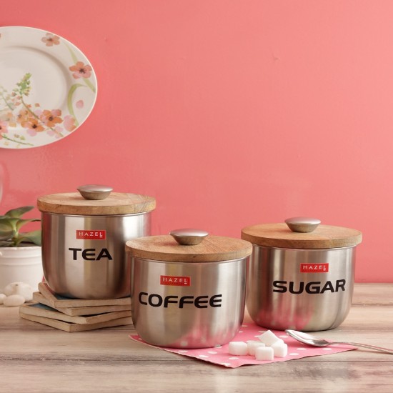 HAZEL Stainless Steel Round Tea/Coffee/Sugar Jars With Wood Lid And Knob, Set of 3, 1325ML, Silver.