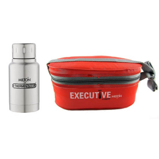 Milton Steel Bottles ELFIN THERMOSTEEL 160 ML Steel Plain and Executive Tiffin Combo Orange