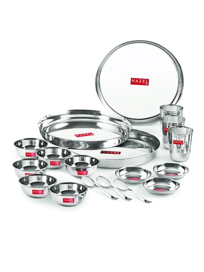 HAZEL Stainless Steel Dinner Set Of 18 | Dinner Set Steel (3 Steel Plate, 3 Steel Glass, 6 Bowl, 3 Spoon Set, 3 Dessert Plate) 18 Pieces, Silver