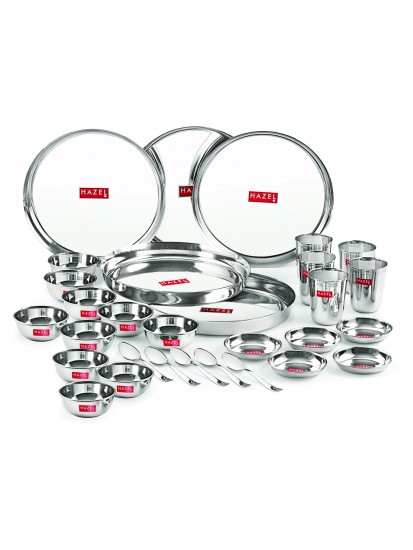 HAZEL Stainless Steel Dinner Set Of 30 | Dinner Set Steel (5 Steel Plate, 5 Steel Glass, 10 Serving Bowl, 5 Spoon Set, 5 Dessert Plate) 30 Pieces, Silver