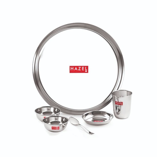 HAZEL Stainless Steel Dinner Set Of 6 | Dinner Set Steel (1 Steel Plate, 1 Steel Glass, 2 Bowl, 1 Spoon, 1 Dessert Plate) 6 Pieces, Silver