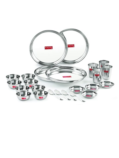 HAZEL Stainless Steel Dinner Set Of 24 | Dinner Set Steel (4 Steel Plate, 4 Steel Glass, 8 Bowl, 4 Dessert Plate, 4 Spoon Set) 24 Pieces, Silver
