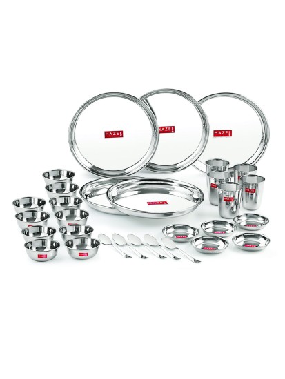 HAZEL Stainless Steel Dinner Set Of 30 | Dinner Set Steel (5 Steel Plate, 5 Steel Glass, 10 Serving Bowl, 5 Dessert Plate, 5 Spoon Set) 30 Pieces, Silver