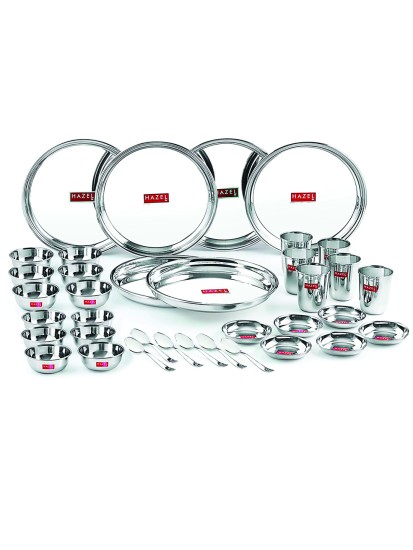 HAZEL Stainless Steel Dinner Set Of 36 | Dinner Set Steel (6 Steel Plate, 6 Steel Glass, 12 Serving Bowl, 6 Dessert Plate, 6 Spoon Set) 36 Pieces, Silver