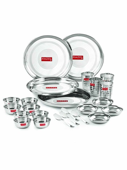 HAZEL Stainless Steel Dinner Set Of 24 | Dinner Set Steel (4 Steel Plate, 8 Bowl, 4 Spoon Set, 4 Dessert Plate, 4 Steel Glass) 24 Pieces, Silver