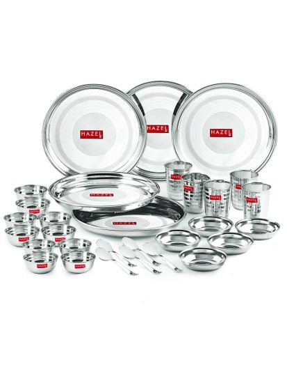 HAZEL Stainless Steel Dinner Set Of 30 | Dinner Set Steel (5 Steel Plate, 10 Serving Bowl, 5 Spoon Set, 5 Dessert Plate, 5 Steel Glass) 30 Pieces, Silver