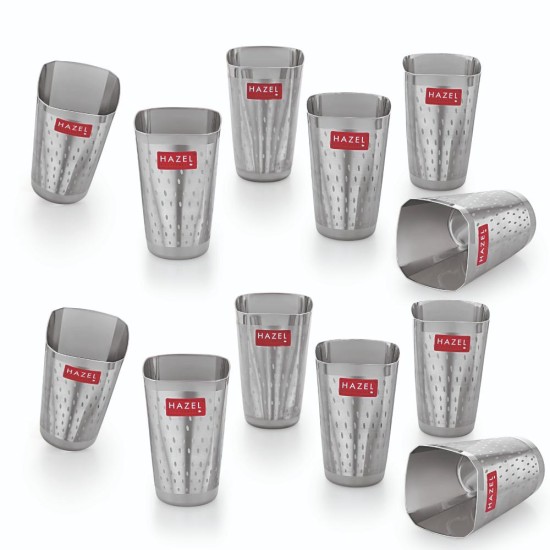 HAZEL Stainless Steel Drinkware Water Glass | Unbreakable Glass Set of 12 with Glossy Finish, 350 ML