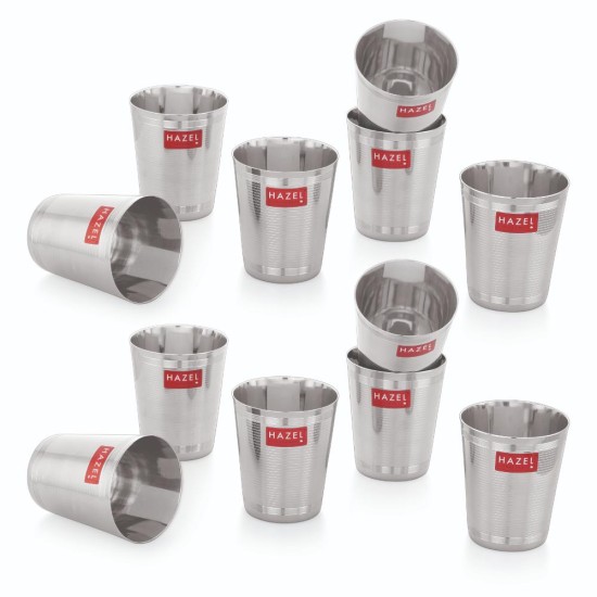 HAZEL Stainless Steel Glass for Water and Juice | Unbreakable Glossy Finish Glass Set of 12, 350 ML