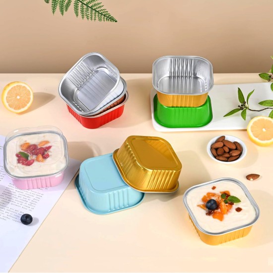 HAZEL 200ml Square Aluminium Foil Container for Cake, Brownie, Snacks | Oven Safe Disposable Dabba (Set of 10)