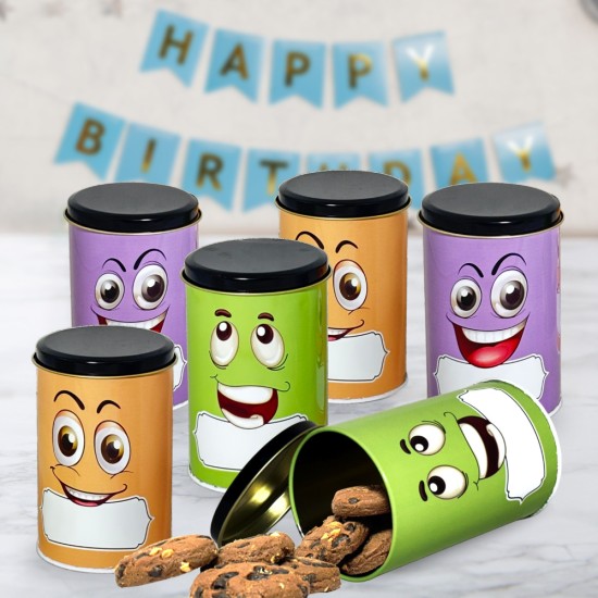 HAZEL Emoji Printed Tin Containers Set of 6 – Colorful Airtight Storage Jars for Gifting & Snacks, 490 ML