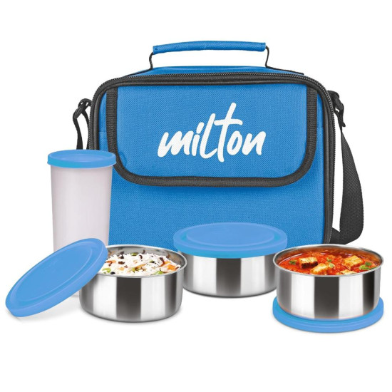 MILTON New Steel Combi Lunch Box with Insulated Fabric Jacket, 3 Stainless Steel Containers 280 ml Each & 1 Plastic Tumbler with lid 400 ml, Leak-Proof Tiffin for Office, College, Picnic, Cyan