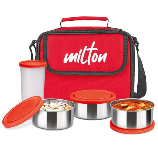 MILTON New Steel Combi Lunch Box with Insulated Fabric Jacket, 3 Stainless Steel Containers 280 ml Each & 1 Plastic Tumbler with lid 400 ml, Leak-Proof Tiffin for Office, College, Picnic, Red