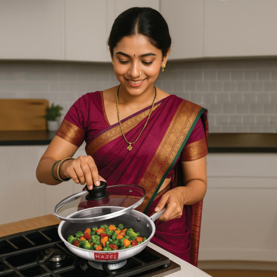 HAZEL 22cm Nonstick Triply Frying Pan (1L) with Glass Lid - Honeycomb Coating & Induction Compatible.