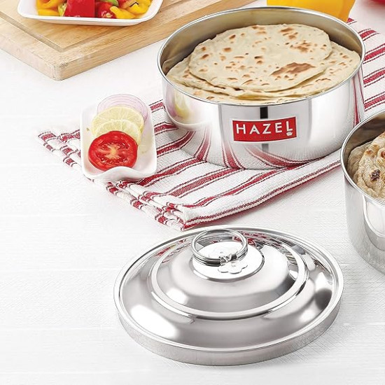 HAZEL Stainless Steel Serving Casserole Flat Bottom Roti Chapati Dabba, 18.8 cm, 1550 ML, Silver