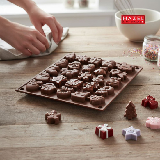 HAZEL Silicone Christmas Theme Mould | Non-Stick Baking Mould for Chocolate, Candy, Jelly & Ice | Reindeer, Santa, Tree & Snowflake Shapes | Oven & Freezer Safe