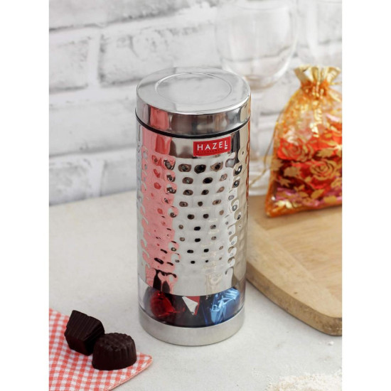 HAZEL Stainless Steel Hammered Finish Transparent Glossy See Through Container, 1000 ML, Silver