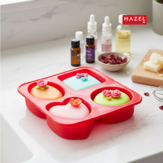 HAZEL Silicone Soap Mould | 4-Cavity Mould with Heart & Round Shapes | Non-Stick, Flexible & Reusable Mold for Handmade Soap, Candle, Jelly & Chocolate (Red)