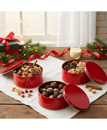 HAZEL Gifting Containers 250 ML | Medium Red Tin Container for Sweets, Dry Fruits & Chocolates (Set of 3)