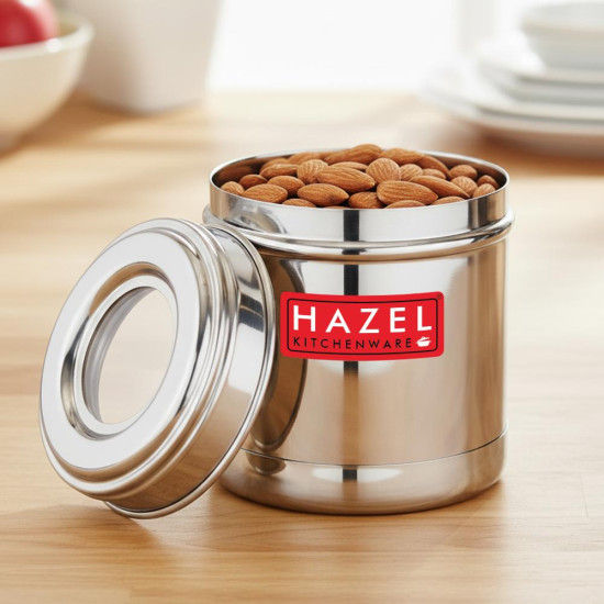 HAZEL Stainless Steel Kitchen Container 300ml with Transparent See-Through Lid | Airtight Storage Jar for Spices, Dry Fruits, Snacks