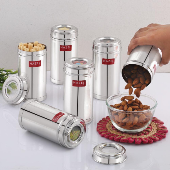 HAZEL Stainless Steel Kitchen Containers 500ml Set of 6 with Transparent See-Through Lids | Airtight Spice & Storage Jars for Kitchen
