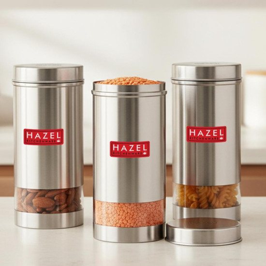 HAZEL Stainless Steel Tea Coffee Sugar Jars | Set of 3 | 1000 ml Each | Matte Silver