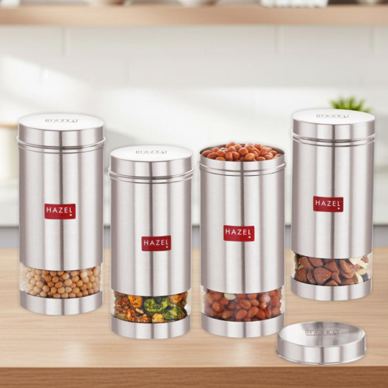 HAZEL Stainless Steel Transparent See Through Container, Silver, Set of 4, 1000 Ml