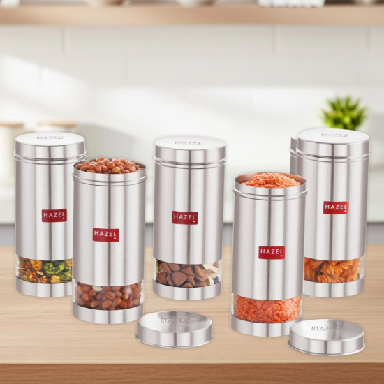 HAZEL Stainless Steel Transparent See Through Container, Silver, Set of 5, 1 Ltr