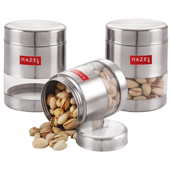 HAZEL Stainless Steel Transparent Matt Finish See Through Container, Silver,Set of 3, 400 ML