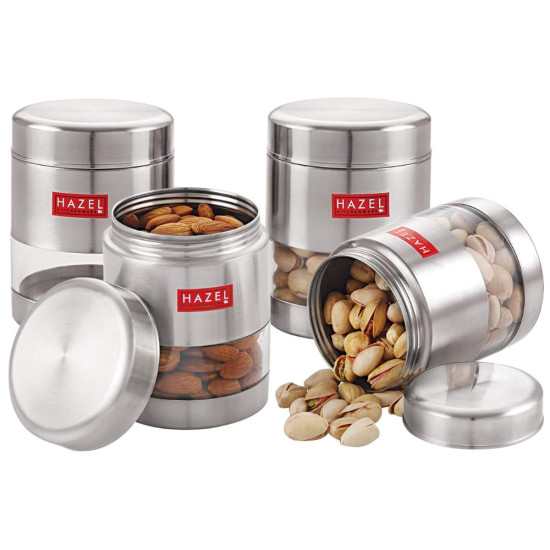HAZEL Stainless Steel Masala Containers | Set of 4 | 400 ml Airtight Transparent Spice Boxes | Matt Silver