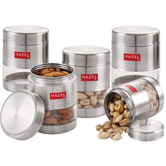 HAZEL Stainless Steel Storage Jars | 400 ml Airtight Kitchen Containers | Set of 5 Silver Spice & Pantry Jars