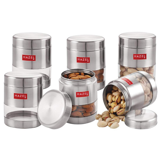 HAZEL Stainless Steel Transparent Matt Finish See Through Container, Silver,Set of 6, 400 ML