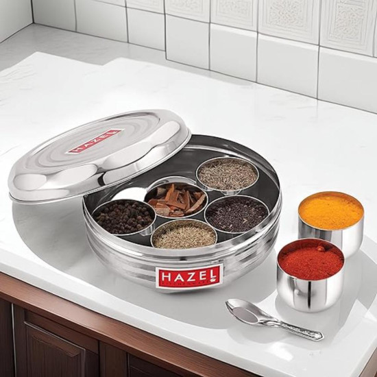 HAZEL Stainless Steel Masala Dabba Spice Box with 7 Wati and Small Spoon