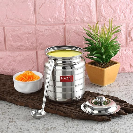 HAZEL Stainless Steel Hammered Oil & Ghee Container with Lid | Ghee Dispenser with Spoon
