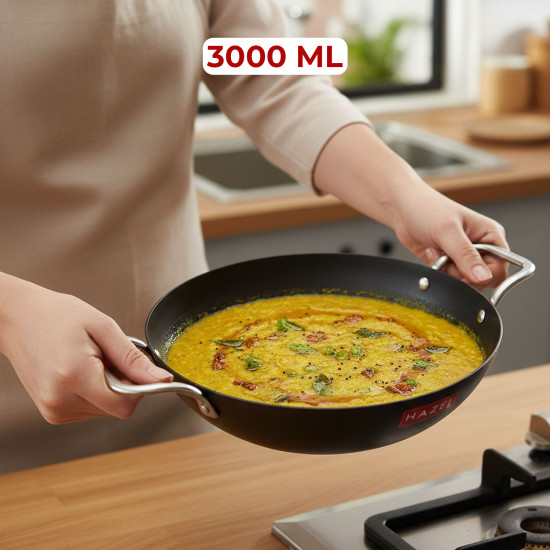 HAZEL Traditional Iron Kadhai Deep Bottom Kadai Frying Kadhai Handmade Loha Lokhand with Golden Handle, 27 cm, 3000 ML