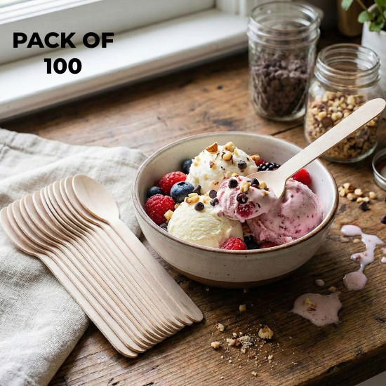 HAZEL Disposable Wooden Spoon 16 CM | Eco-Friendly, Biodegradable & Sturdy Cutlery for Parties & Events | Pack of 100
