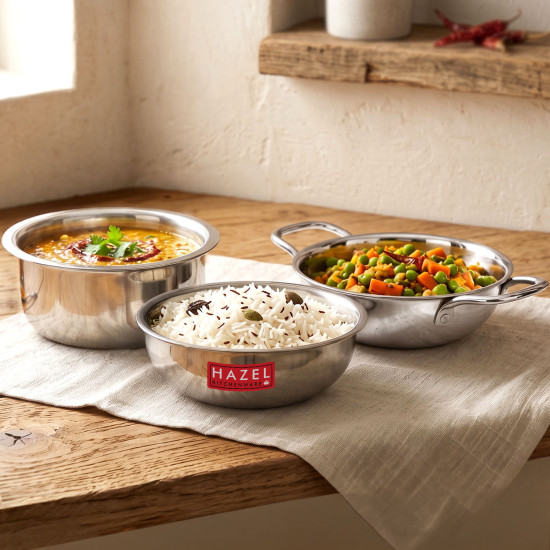 HAZEL Triply Stainless Steel Induction Bottom Kadhai and Tasra 1.2 Litre, Tope 2.3 Litre